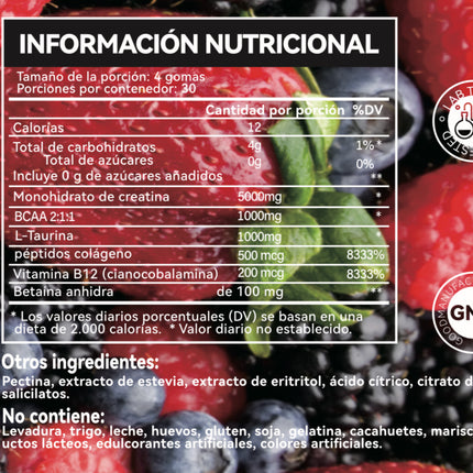 Tabla nutricional gummies creatina monohidrato 5g por porción