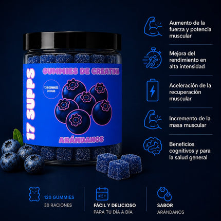 Detalle de las gominolas de creatina monohidrato sabor arándanos de 17 SUPPS
