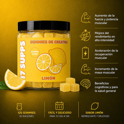 Detalle de las gominolas de creatina monohidrato sabor limón de 17 SUPPS